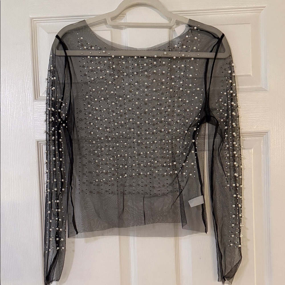 Sheer Black Pearl-Embellished Long-Sleeve Top
